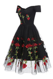 Off The Shoulder Black Rose Floral Homecoming Dresses Short Party Dress, HZ0307