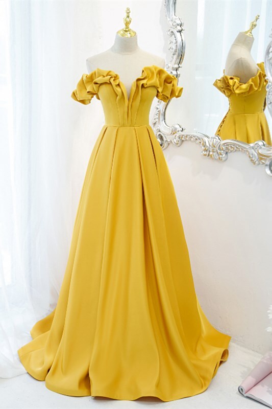 Off the Shoulder Yellow A-line Long Formal HZ0307