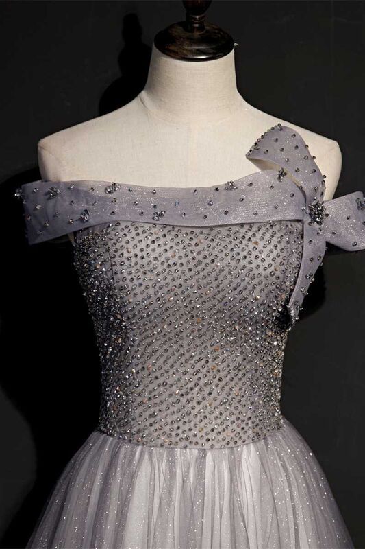 Off the Shuolder Grey Beaded Long Party HZ0307