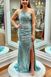 One Shoulder Light Blue Sequin Mermaid Long Formal HZ0307