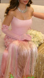 Pink Strapless Sheath Prom Dresses Split Tassel Evening Graduation HZ0307
