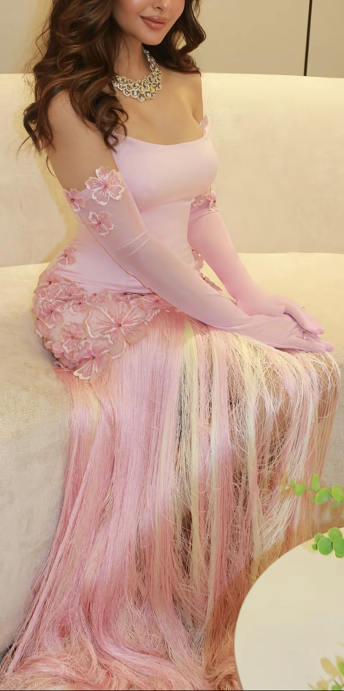 Pink Strapless Sheath Prom Dresses Split Tassel Evening Graduation HZ0307
