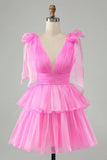Pink V-Neck Homecoming Dress Chiffon V-Neck School Party Dress, HZ0307