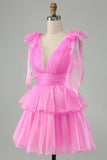 Pink V-Neck Homecoming Dress Chiffon V-Neck School Party Dress, HZ0307