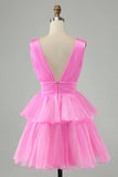 Pink V-Neck Homecoming Dress Chiffon V-Neck School Party Dress, HZ0307