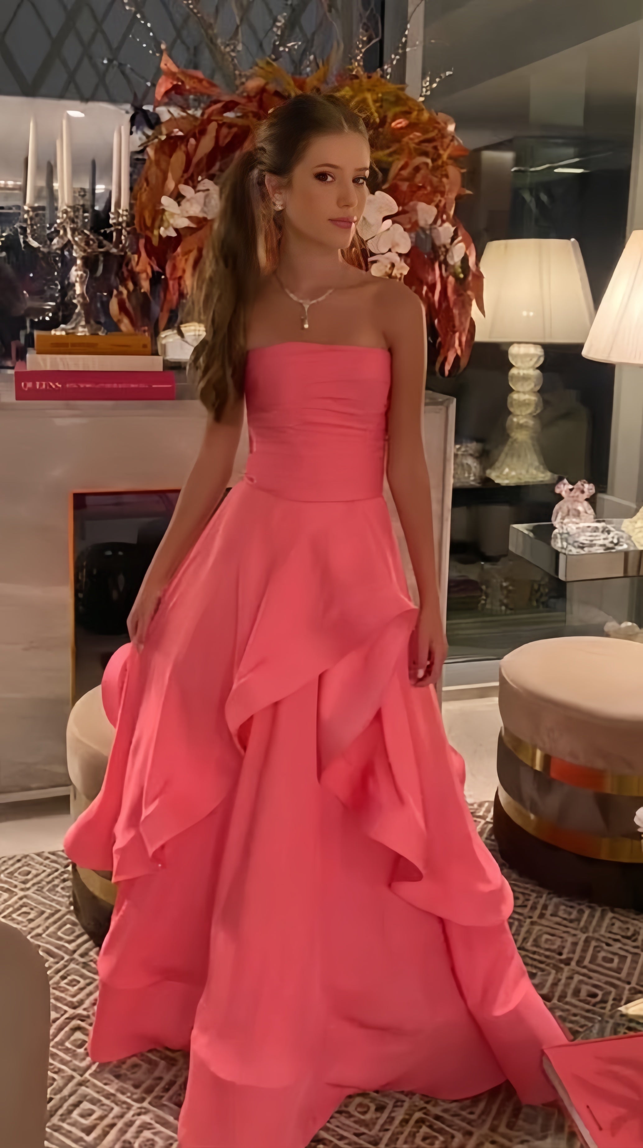 Pink Strapless Ruffle Prom Dresses Long Evening Formal HZ0307