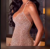 Pretty Mermaid Halter Neckline Long Sequin Champagne Party Dresses Prom Dress , HZ0307