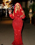 Pretty Sheath V Neckline Red Sequin Long Prom Dresses Formal Evening Dress , HZ0307