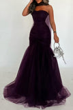 Purple Mermaid Tulle Party Dress, Pleated Sleeveless Prom HZ0307