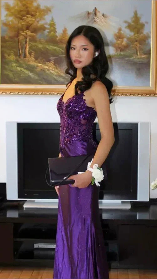 Purple V-Neck Mermaid Prom Dresses Appliques Lace Appliques Party Dress With Side HZ0307
