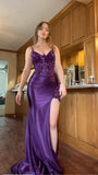 Purple V-Neck Mermaid Prom Dresses Appliques Lace Appliques Party Dress With Side HZ0307