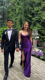 Purple V-Neck Mermaid Prom Dresses Appliques Lace Appliques Party Dress With Side HZ0307