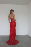 Red Lace Sheath Spaghetti Straps Long Prom HZ0307