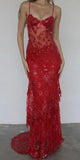 Red Lace Sheath Spaghetti Straps Long Prom HZ0307