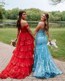 Red Prom Dress, Lace Evening Dress, Off The Shoulder Graduation Dress, Ruffle Party HZ0307