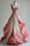 Red White Gradient Color Evening Prom Dresses V-neck Formal Gown, HZ0307