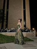 Retro Ball Gown Strapless Green Ruffles Satin Long Party Dress Prom Dresses, HZ0307