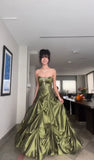 Retro Ball Gown Strapless Green Ruffles Satin Long Party Dress Prom Dresses, HZ0307