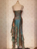 Retro Mermaid Spaghetti Straps Satin Long Party Dress Prom Dresses, HZ0307