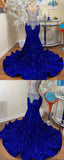 Royal Blue Sequin Mermaid Prom Dresses Beaded Sleeveless Party Dress For Black HZ0307