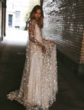 Two Pieces White Starry V-Neck Long Prom Dresses, Evening Party Dress HZ0307