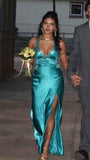 Sexy Blue V-neck Prom Dresses Beaded Slit Evening Graduation HZ0307