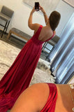 Sexy Burgundy A-Line Prom Dresses V-Neck Backless Evening Gown, HZ0307