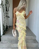 Sexy Mermaid Spaghetti Straps Floor Length Floral Yellow Chiffon Evening Dress Prom Dresses, HZ0307