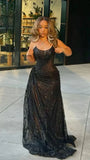 Sexy Mermaid Spaghetti Straps Sequin Slit Black Long Prom Dresses Party Dress , HZ0307