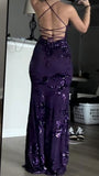 Sexy V Neck Purple Satin Sequin Backless Mermaid Evening Dress Long Party HZ0307