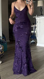 Sexy V Neck Purple Satin Sequin Backless Mermaid Evening Dress Long Party HZ0307