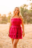 Shiny Fuchsia Ruffle Short Dress Sequins Tulle Hoco Dress, HZ0307