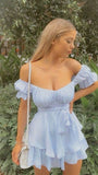 Sky Blue Chiffon Homecoming Dresses With Short Sleeves, HZ0307