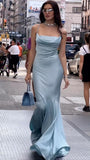 Sky Blue Halter Bodycon Prom Dresses Satin Long Party Evening HZ0307