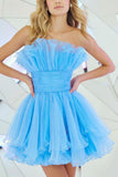 Sky Blue Strapless Sleeveless Ruched Tulle A-Line Mini Homecoming Dress, HZ0307