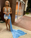 Sky Blue V-Neck Homecoming Dresses Appliques Satin Mini Party Gown, HZ0307