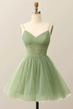 Spaghetti Straps A-line Tulle Homecoming Dress V Neck Short Above Knee Tulle Hoco HZ0307