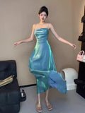 Spaghetti Straps Blue Sheath Long Prom Dresses Homecoming HZ0307