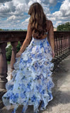 Spaghetti Straps Floral Ruffle V-neck Long Prom HZ0307