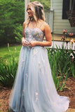 Spaghetti Straps Grey Tulle Prom Dress Applique Evening HZ0307