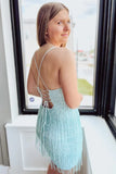Spaghetti Straps Mint Tassel Homecoming Dresses, HZ0307