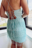 Spaghetti Straps Mint Tassel Homecoming Dresses, HZ0307