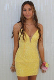 Spaghetti Straps Yellow V-Neck Homecoming Dresses, HZ0307