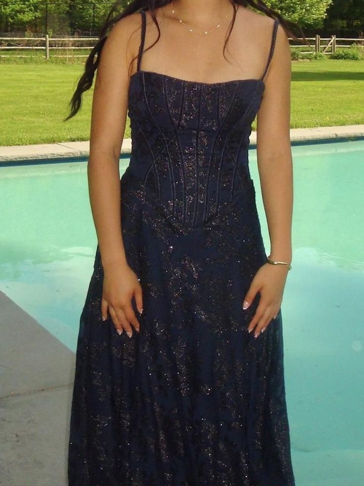 Spaghetti Straps Navy Blue Prom Dresses Floral Evening Party HZ0307