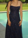 Spaghetti Straps Navy Blue Prom Dresses Floral Evening Party HZ0307
