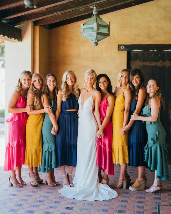 Spaghetti Straps Ruffles Midi Dress Colorful Bridesmaid Dresses Beach Wedding Party Dress, HZ0307