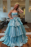 Strapless A-Line Organza Ruffle Prom Dress, Sleeveless Bowknot Evening Gown, HZ0307