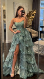 Strapless Applique Long Prom Dress Tulle Party Dresses, HZ0307