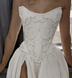 Strapless Lace Satin Wedding Dress - Vintage White Bridal Gown with HZ0307