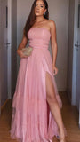 Strapless Pink Tulle Long Prom Dress, HZ0307